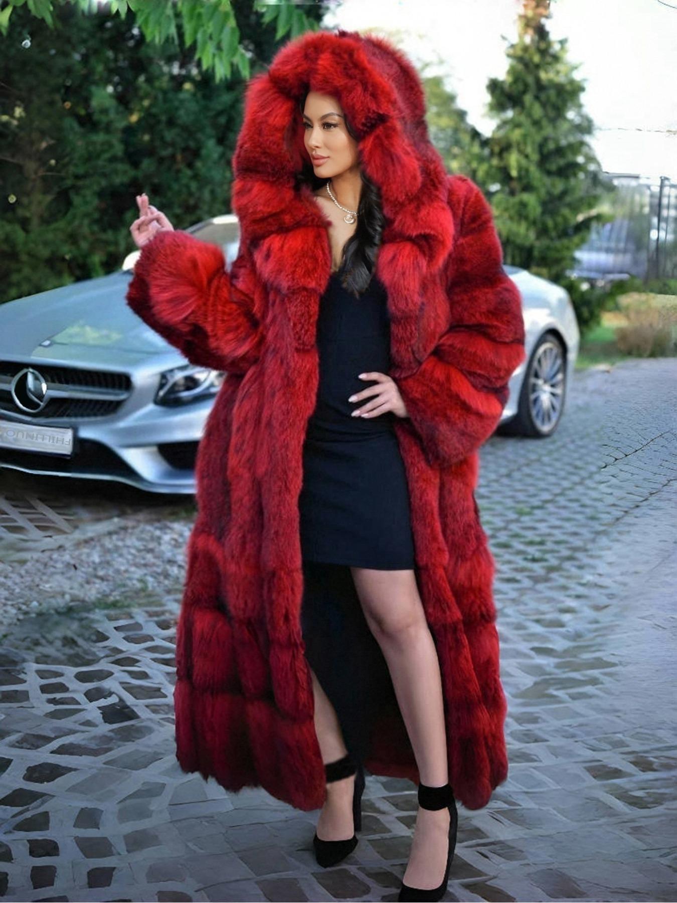 Women's Faux Fur Coat, Elegant Chic Long Sleeve Hooded Design, Soft Fox Fur Patchwork, Loose-Fitting Winter Outerwear Jackets for Travel Christmas New Year Womenswear