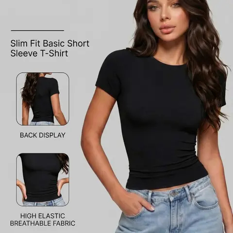 Women's Slim-Fit High Stretch Plain Short Sleeve Top, Moisture-Wicking Sport T-Shirt, Casual Daily Wear, Comfortable Home & Everyday Sports Top