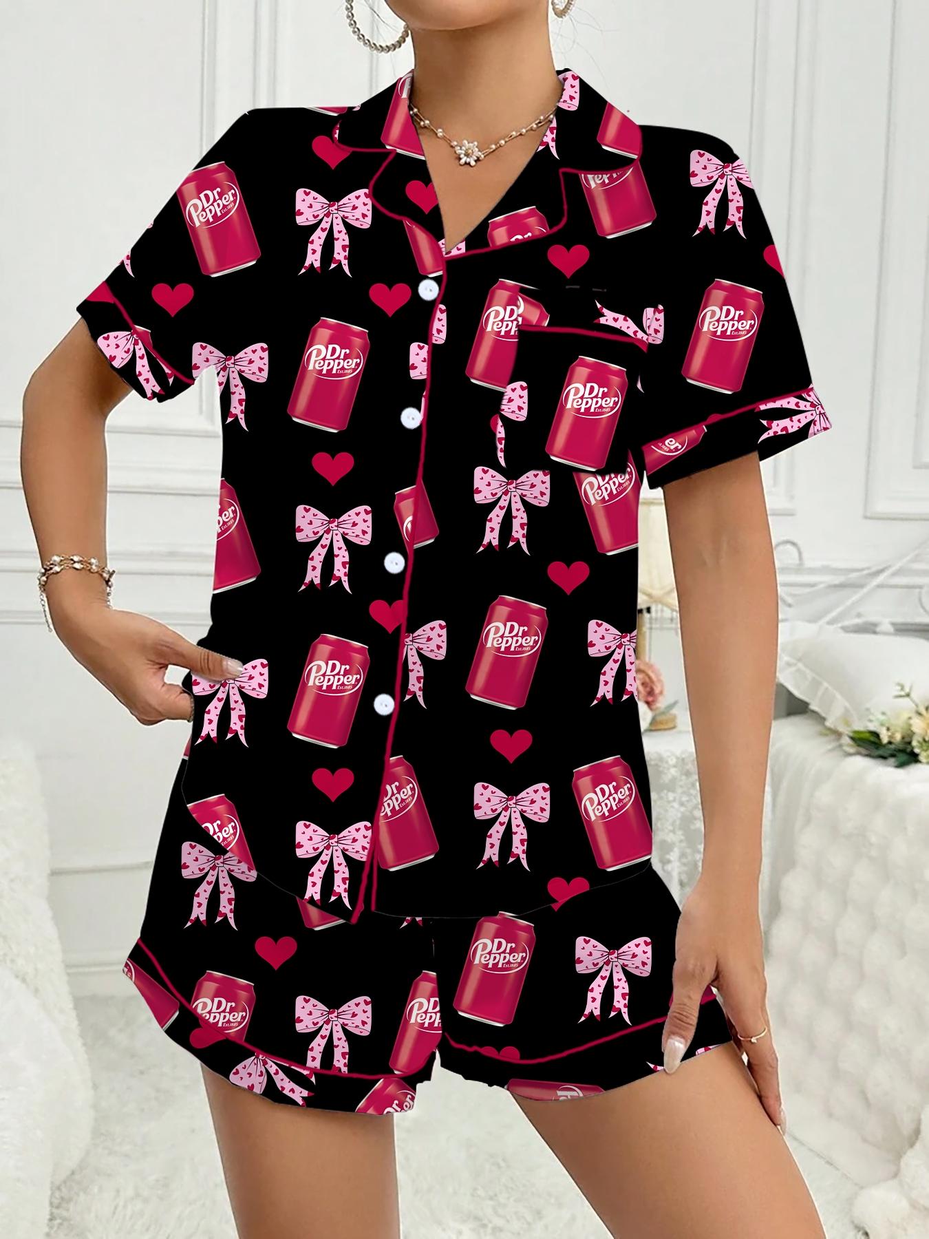 Women's Comfortable Cute Elastic Sleepwear Set, Spring Bow Tie Shirt and Pants Two-Piece, Short Sleeve Shorts, Party Wear