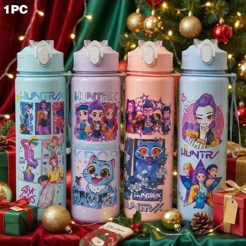 K-Pop Ghost Hunter Water Bottle 700ML, Cute Anime Style Hydration Tumbler with Straw & Lid, Leakproof Portable Drinkware, Perfect Gift for Kpop Fans