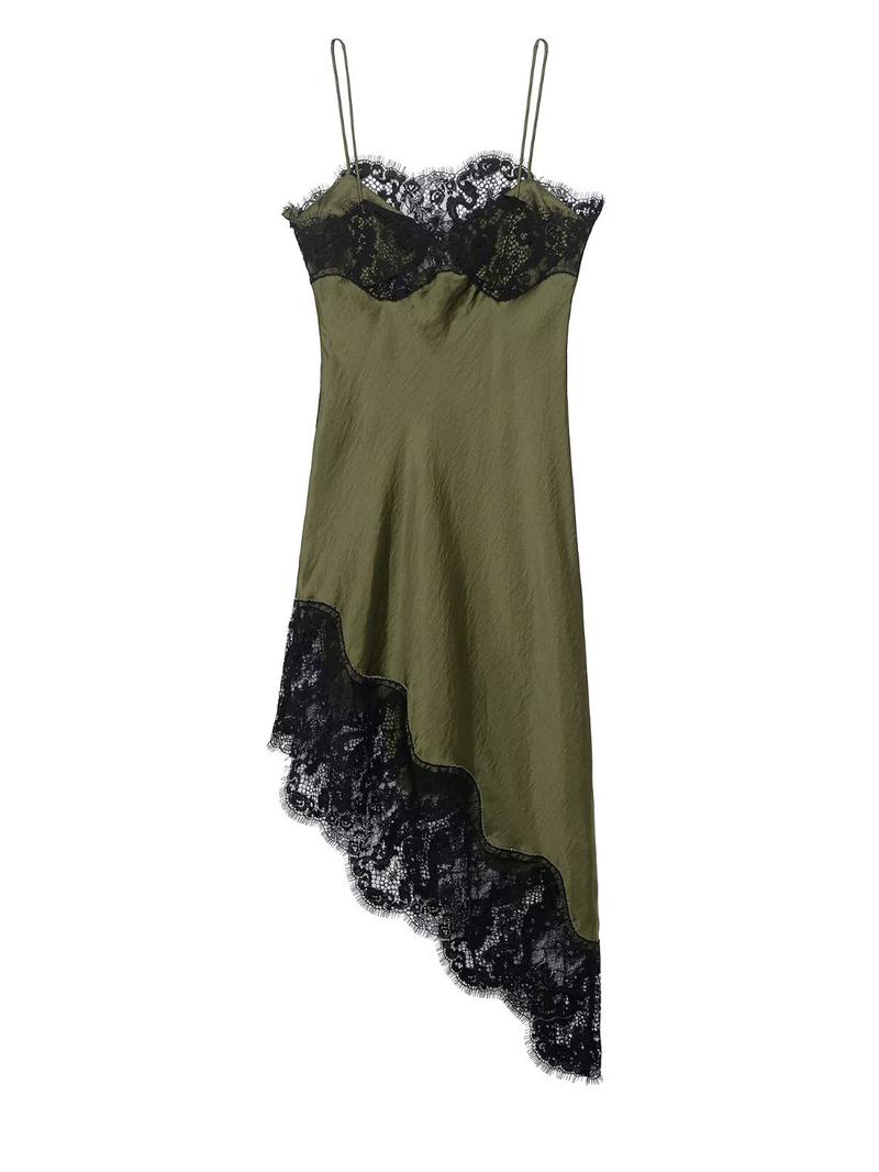 Women's Asymmetric Lace Satin Midi Dress, Chocolate Olive Thin Straps, Lace Trim and Silk Aesthetic, Spring Summer Fashion