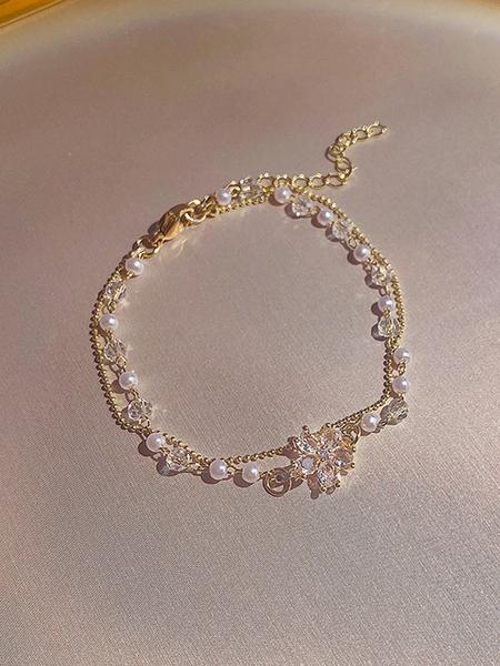 Women's Elegant Faux Pearl & Artificial Crystal Decorated Flower Design Layered Bracelet, Exquisite Trendy Bracelet, Fashionable Jewelry for Women As Gift