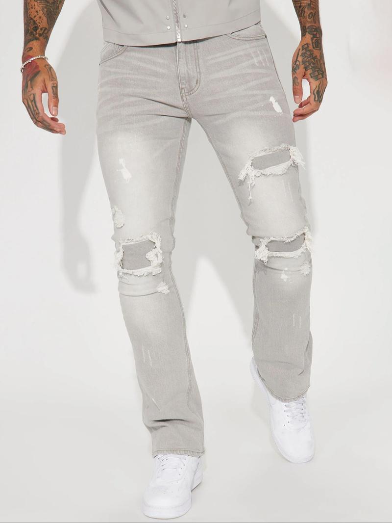 Men's Loose Straight Leg Denim Jeans, All-Season Street Style Business Jeans, Casual Ripped Design, Long Trousers for Men