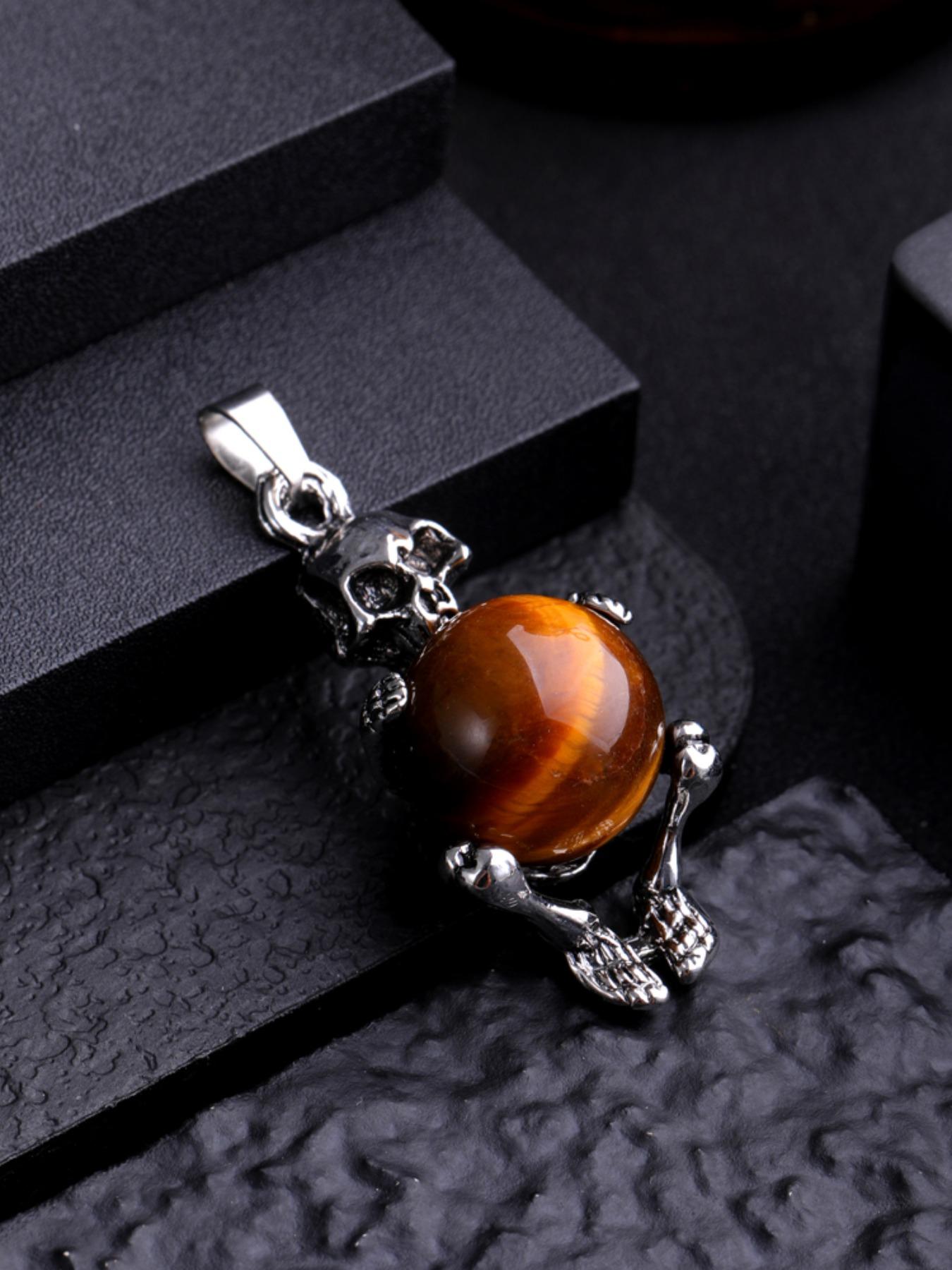 Natural Amethyst Round Bead Pendant Necklace, Bold Skull Design, Unique Fashion Accessory, Trendy European Style Jewelry