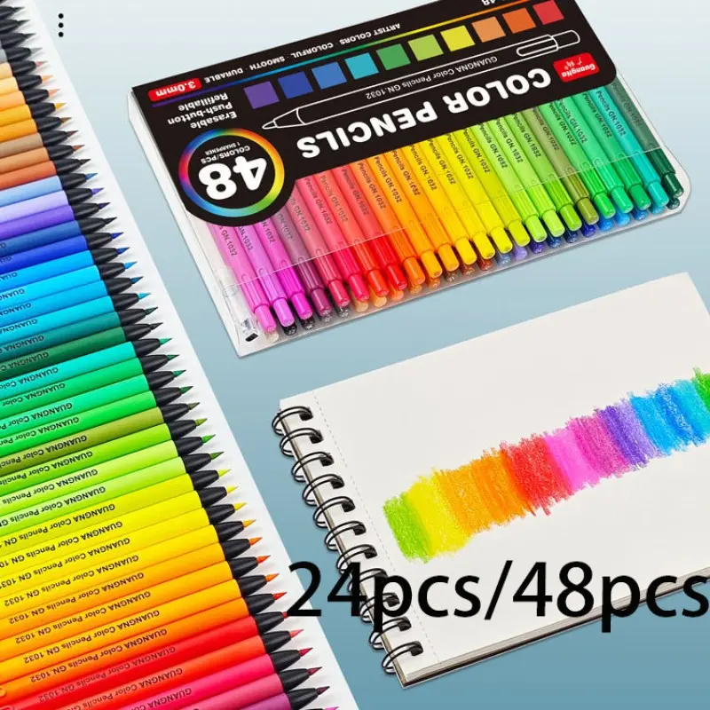 Erasable Button Pencil, 24/48 Colors, Reusable Core, Ideal for Drawing, Sketching, Journaling, Layered Coloring, Replaceable Tips