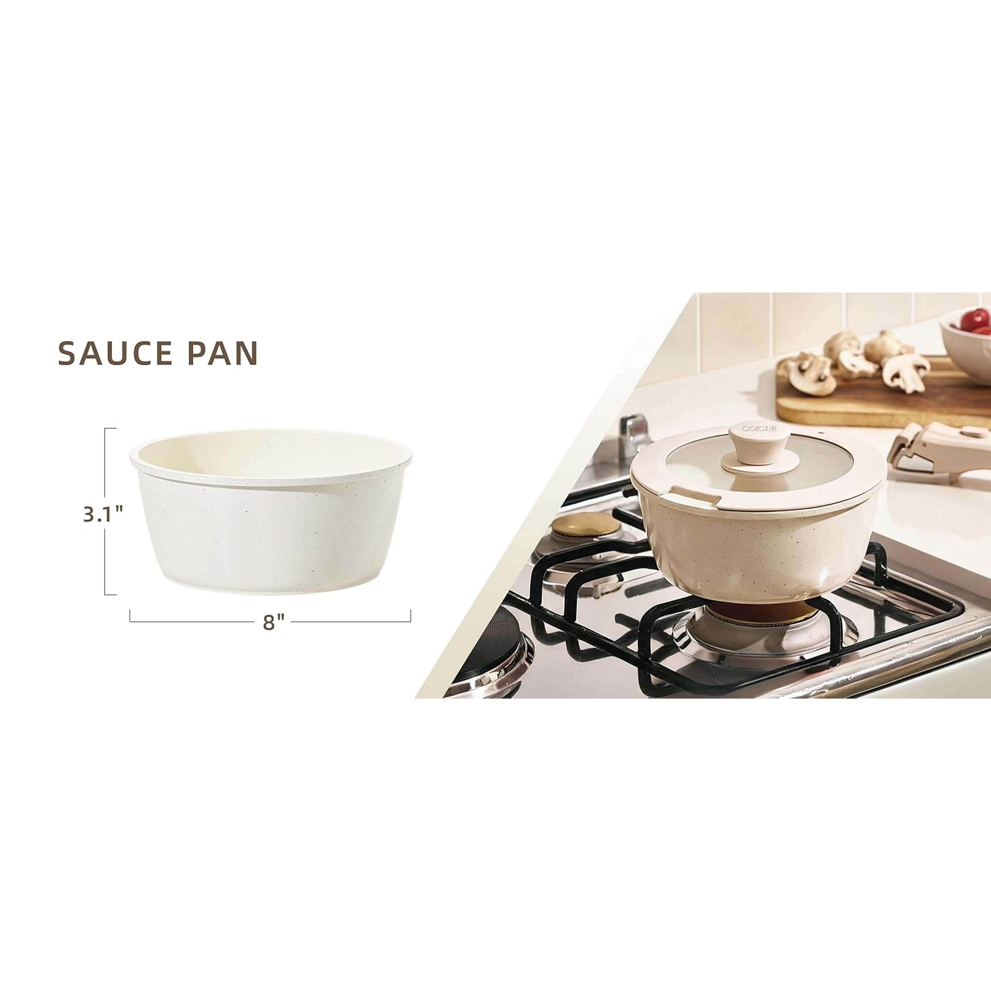 Ceramic Cookware Set Non Stick 8Pcs Pots and Pans Set Detachable Handle Induction Kitchen Cooking Set with Frying Pans Oven Dishwasher Safe, PFAS/PFOA Free, Cream White