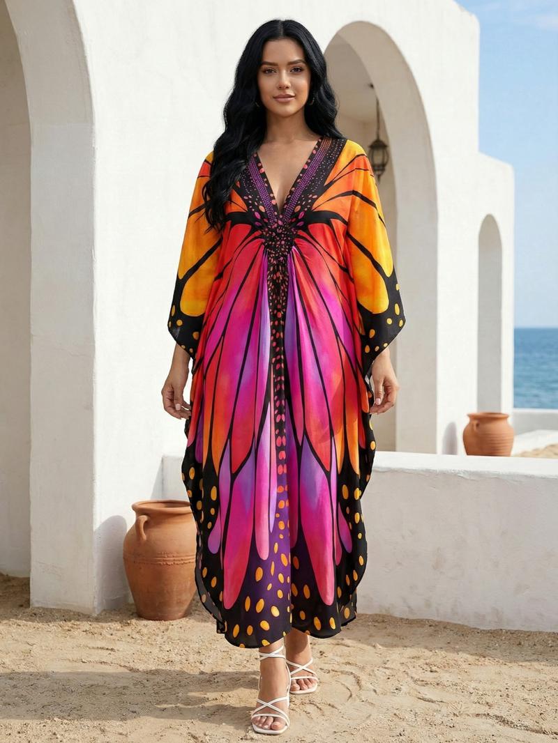 EDOLYNSA kaftans for woman Moo Moo Dress printing beach dress comfy muumuu caftan Batwing Sleeve relaxed robe bathing suit cover up holiday outfits Q1869