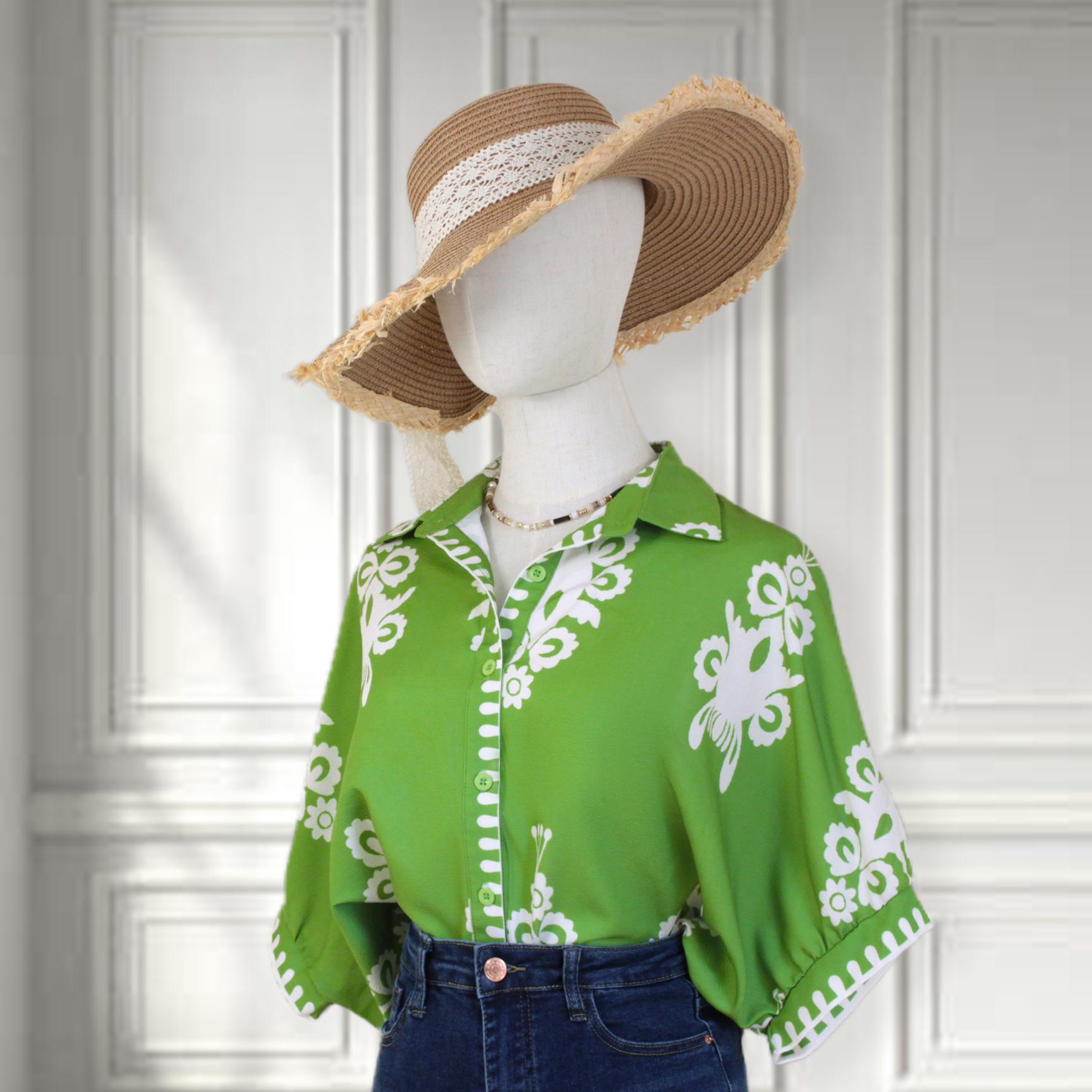 SageVell Boho Green Abstract Print Shirt - Oversized Fit, Retro Collar & Flowy Sleeves, Batwing Half Sleeve Blouse Teacher Outfits Trendy Blouses SpringStatements