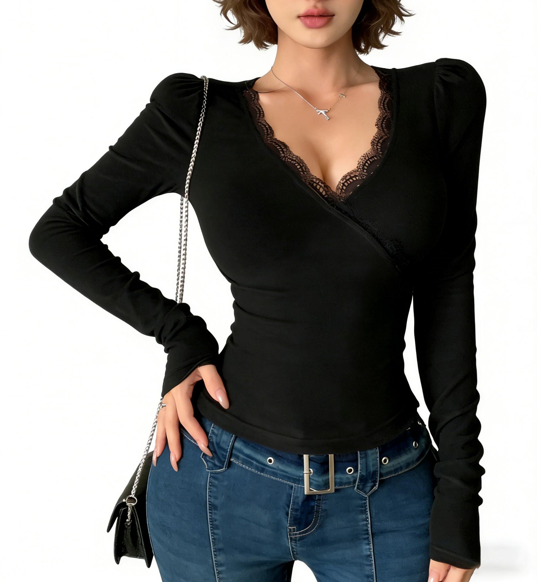 2026 New Fashion Lace Trim Wrap Body V Neck Bubble Sleeve Fitted Women's Top, Y2K Style, Spring & Fall, Solid Pattern