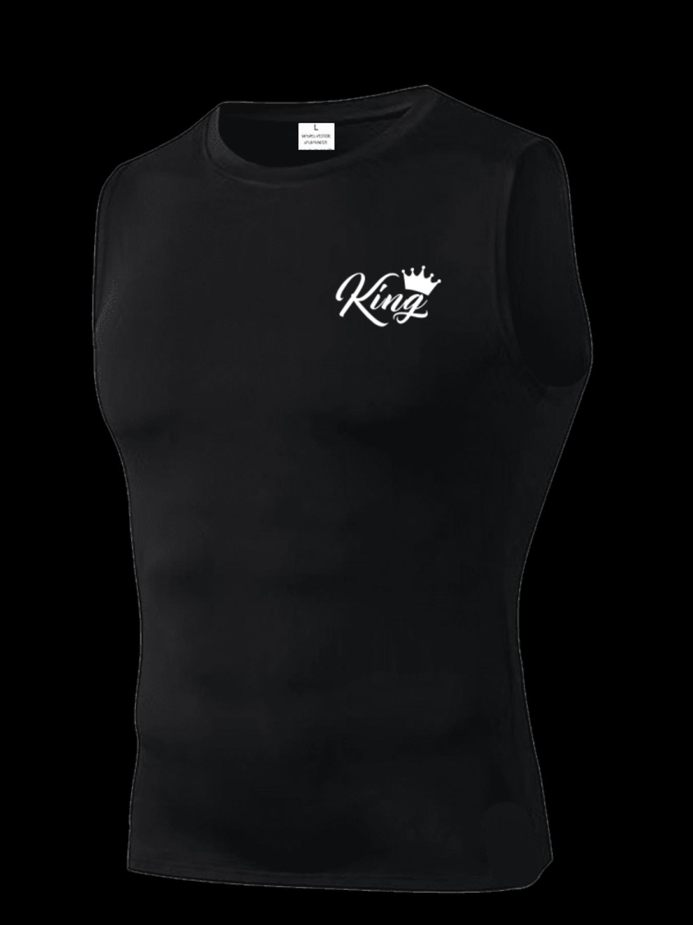 Men's Short Sleeve Sporty Tee, Quick-Dry Breathable Knit Fabric, King Pattern Print, Ideal for Gym, Running, Boxing, Outdoor Activities