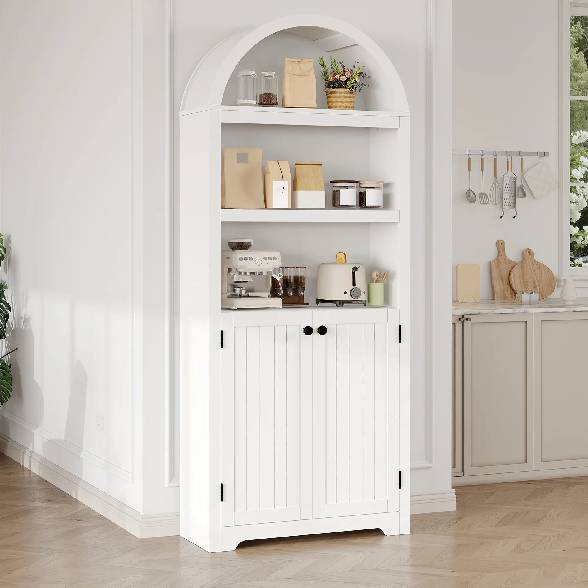 Arched Bookcase with Doors, 72 Inch Tall Bookshelf with Cabinet | Stylish arched silhouette, versatile storage, adjustable shelves, durable wood structure, and premium handles