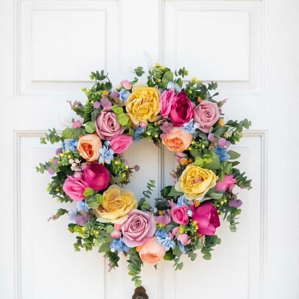 Spring Summer Artificial Flower Wreath, Mixed Rose Peony Dual Door Wreath, Handmade All-Season Wreath, Home Wedding Party Decor