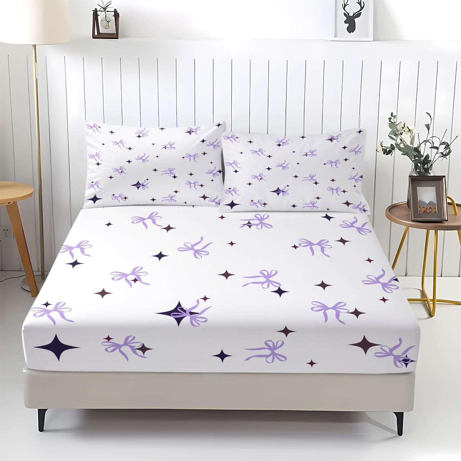 Purple bow and star pattern printed fitted sheet and pillowcase set, Bedsheet Sets, dreamy starry sky bedroom bedding, a great gift.