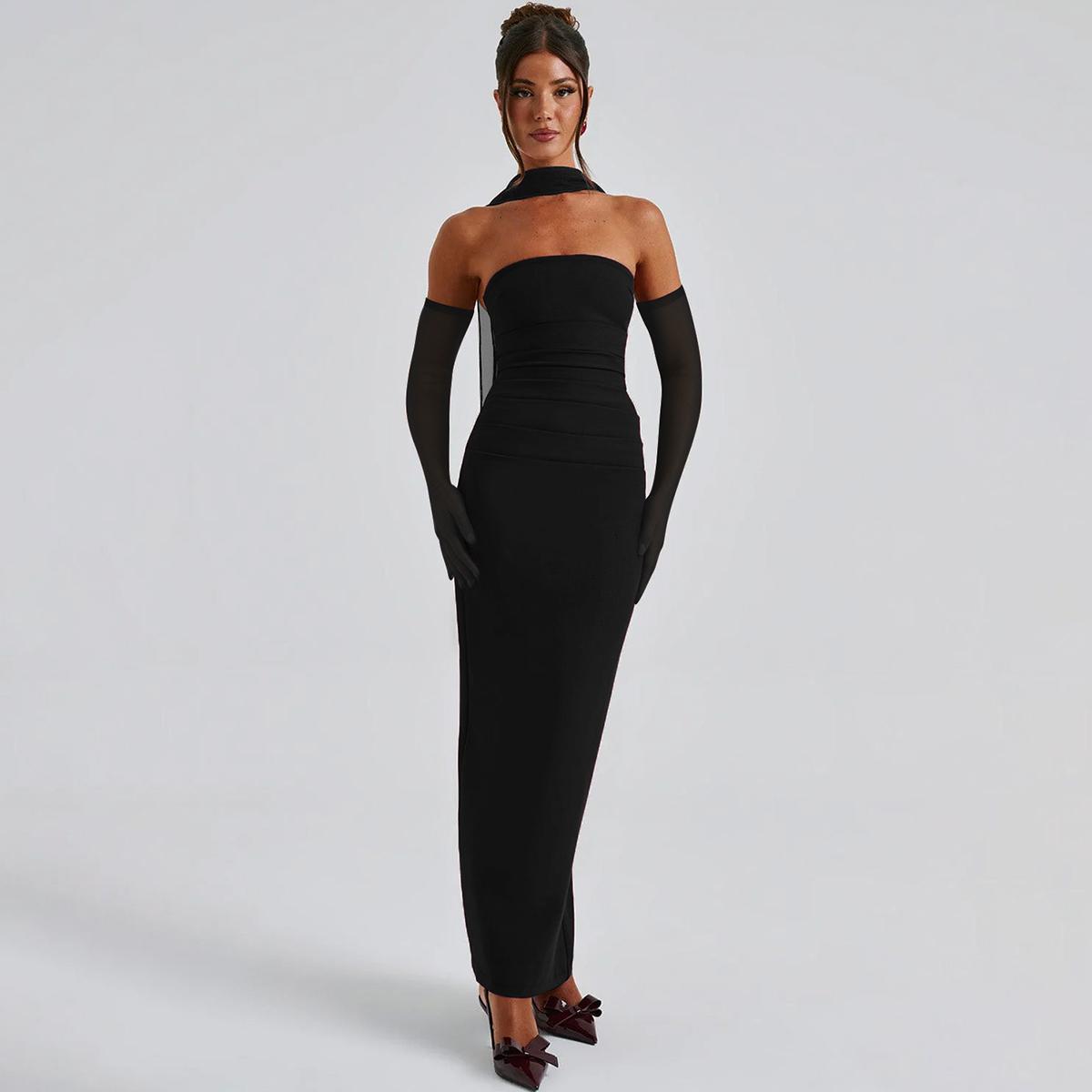 Strapless Mesh Neck Tie Long Sleeve Bodycon Maxi Dress for Women's Summer Sexy Evening Party Club Dating Gown Beach Vacation Dresses Outfits