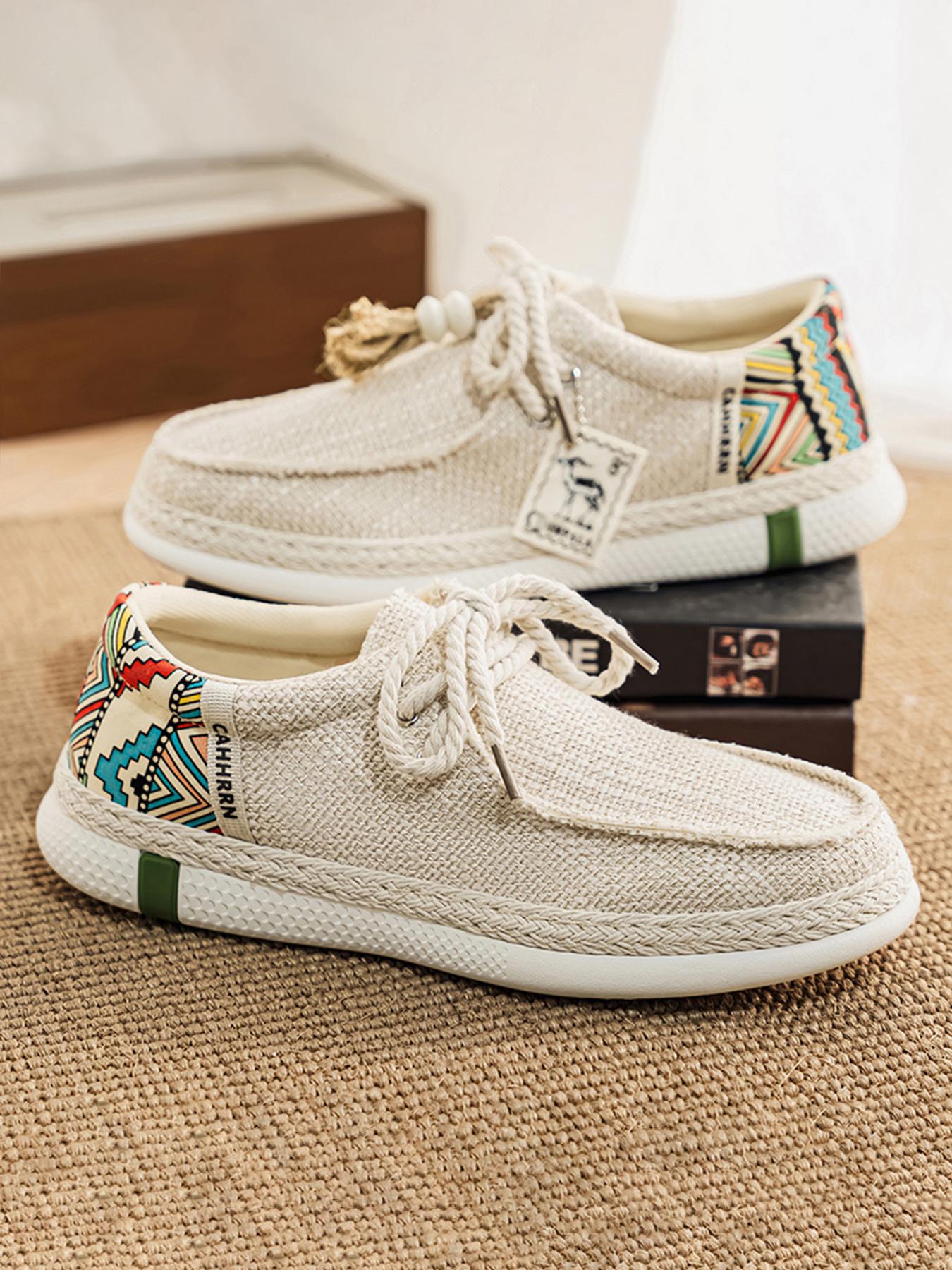 Summer New Men's Linen Shoes, Breathable Non-Stuffy, Colorblock Geometric Pattern, Fringe Decor, Retro Ethnic Style, Comfortable Thick Sole