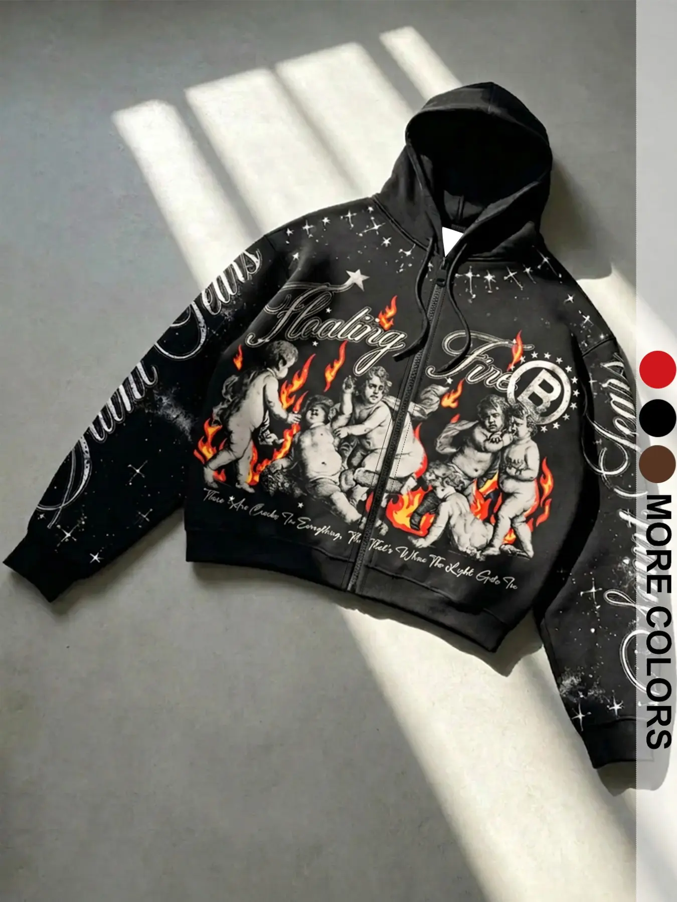 1Pc Women's Zip Up Hooded Jacket, Vintage Angel Flame Graphic Hoodie, Oversize Long Sleeve Y2K Streetwear Autumn Hooded Top