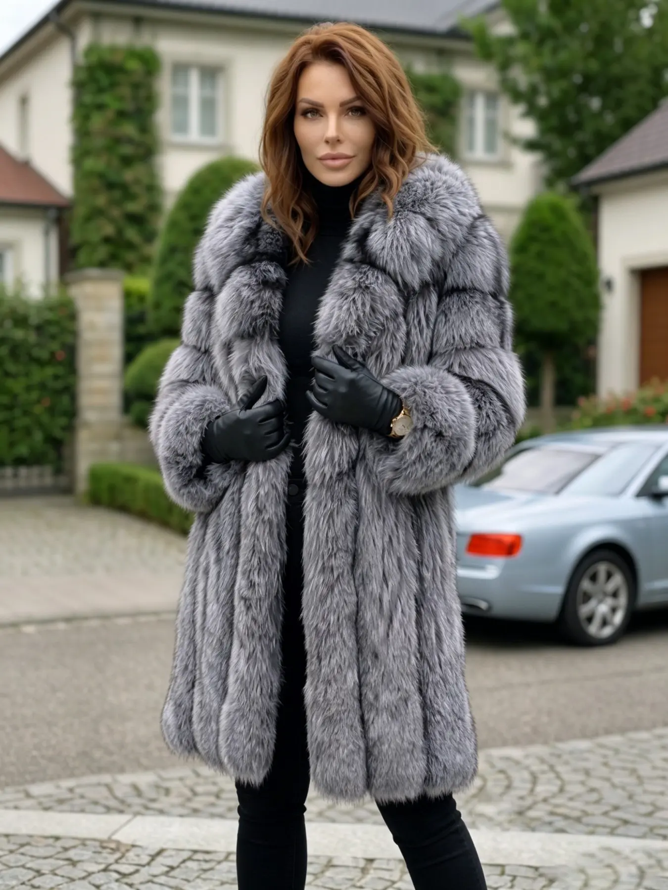 Women's Hooded Mid‑Length Luxe Plush Faux Fur Coat, Fall Winter Trendy Outerwear for Festival & Street Looks
