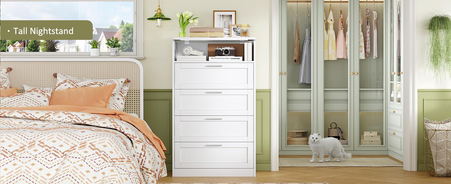 Dresser for Bedroom, Tall White Dresser with 4 Drawers, Dressers with Mirror, Chest of Drawers for Bedroom, Living Room, Closet, Hallway, White