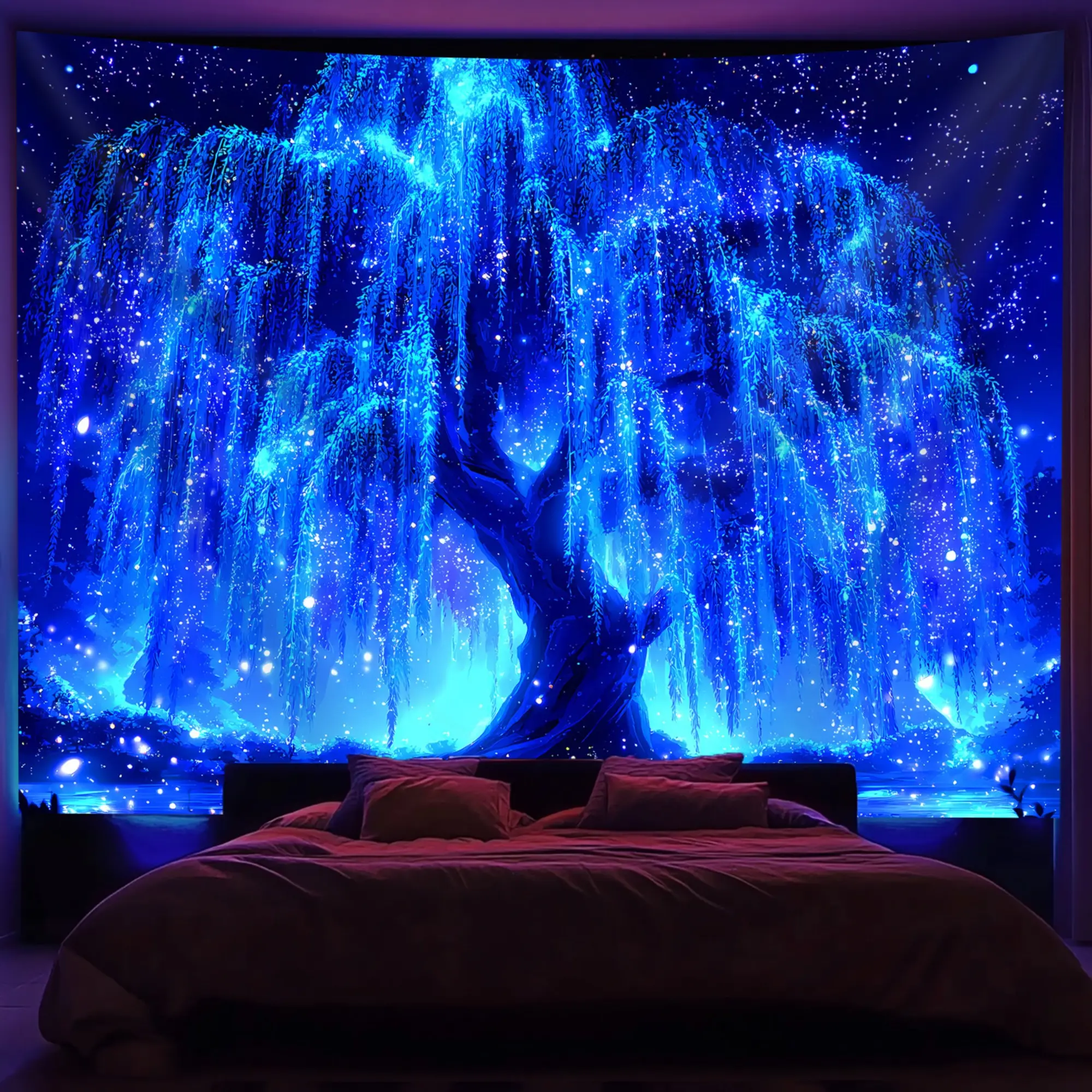 1pc Brilliant Starry Sky Tree of Life- Glow in The UV Light Banner Tapestry, Large Size Peach Skin Fluorescent Printing Tapestry, Bedroom Hanging Tapestry for Party Festival, Bedroom Home Decor, Fabric Wall Decoration with Free Additions
