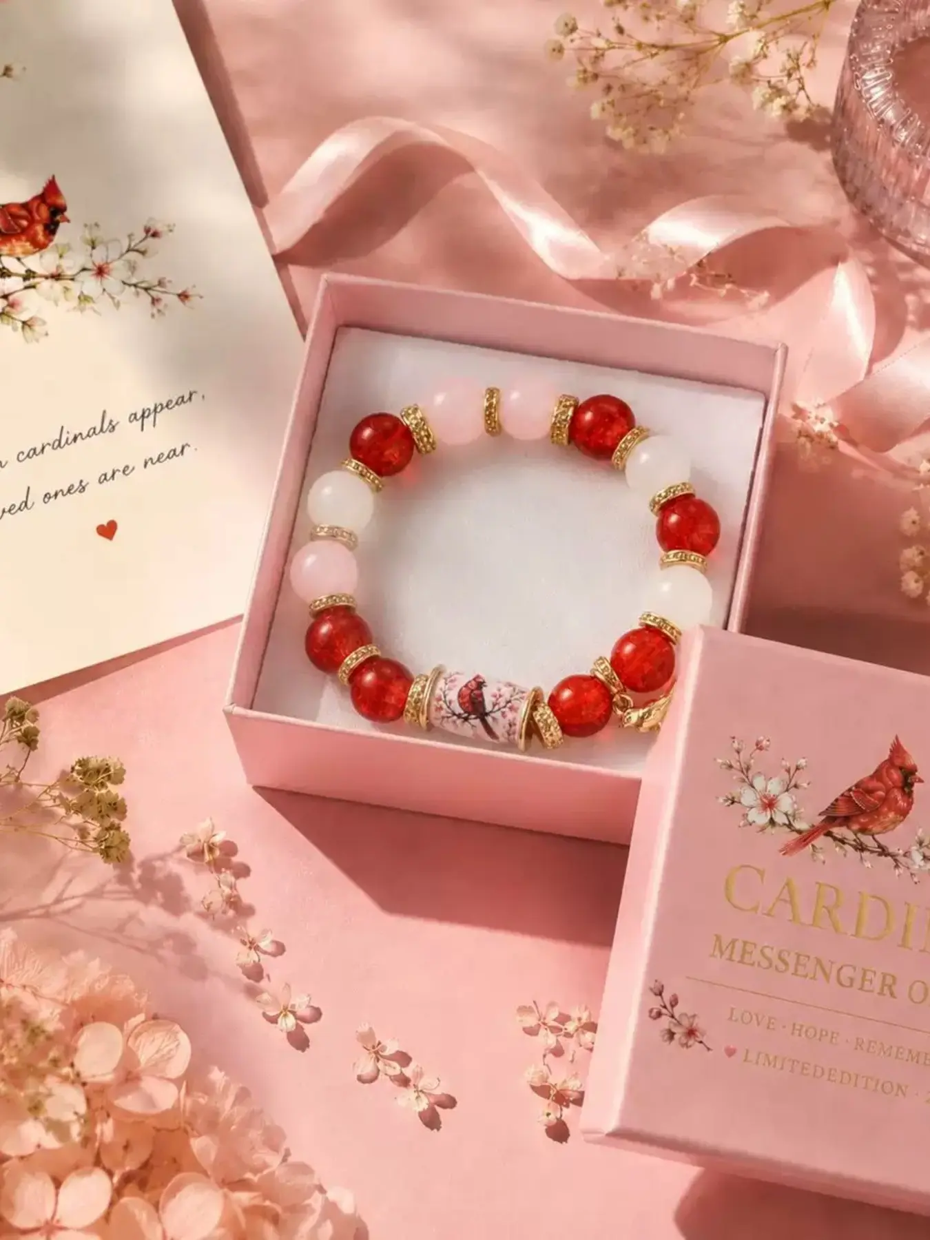 2026 Limited Edition Hummingbird Beaded Bracelet, Rose Quartz & Aventurine Beads, Floral Accent, Gift Box Included, Perfect Birthday Gift, Stretchy Bracelet