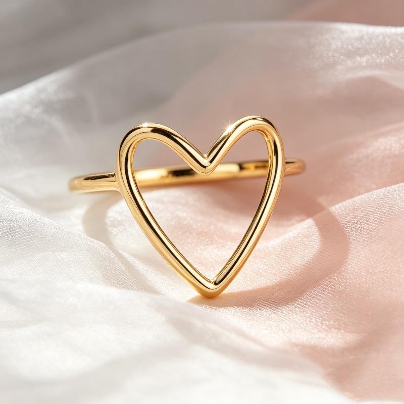 Hollow Big Heart Polished Thin Gold Band Minimalist Gentle Statement Ring, Soft Promise Ring, Simple Anniversary Ring, Stackable Ring, Slim Dainty Jewelry for Valentine Dates, Christmas Gifts and Daily Stacking Travel Looks