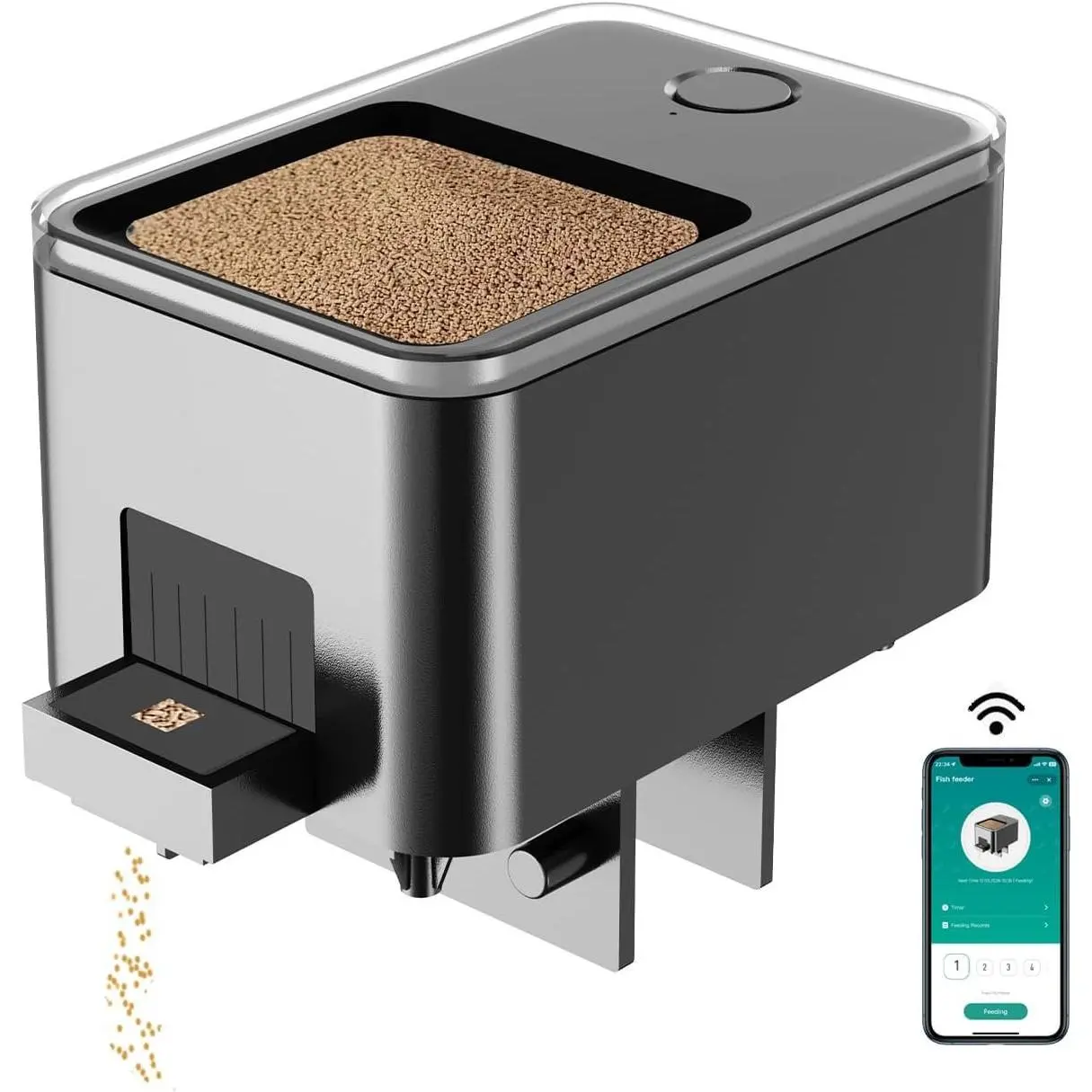WiFi Control Automatic Aquarium Fish Feeder, USB-Powered Pellet Food Dispenser, Suitable for Small Tanks, Black