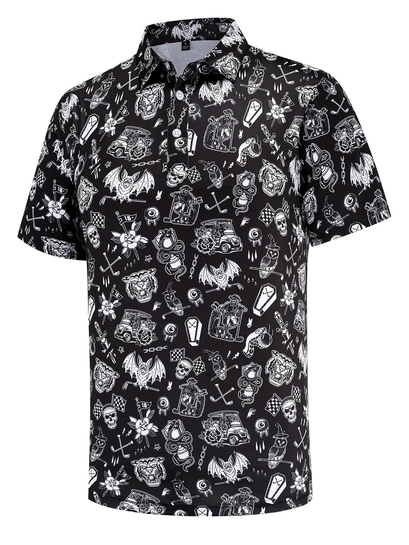 Men's Halloween Theme Polo Shirt, Hand-Drawn Skull Ghost Tombstone Pattern, Short Sleeve, Breathable, Festive Casual Golf Top,Unisex (Recommended ordering one size up),polo shirt for men,deals of the day，halloween costumes for men，halloween costumes