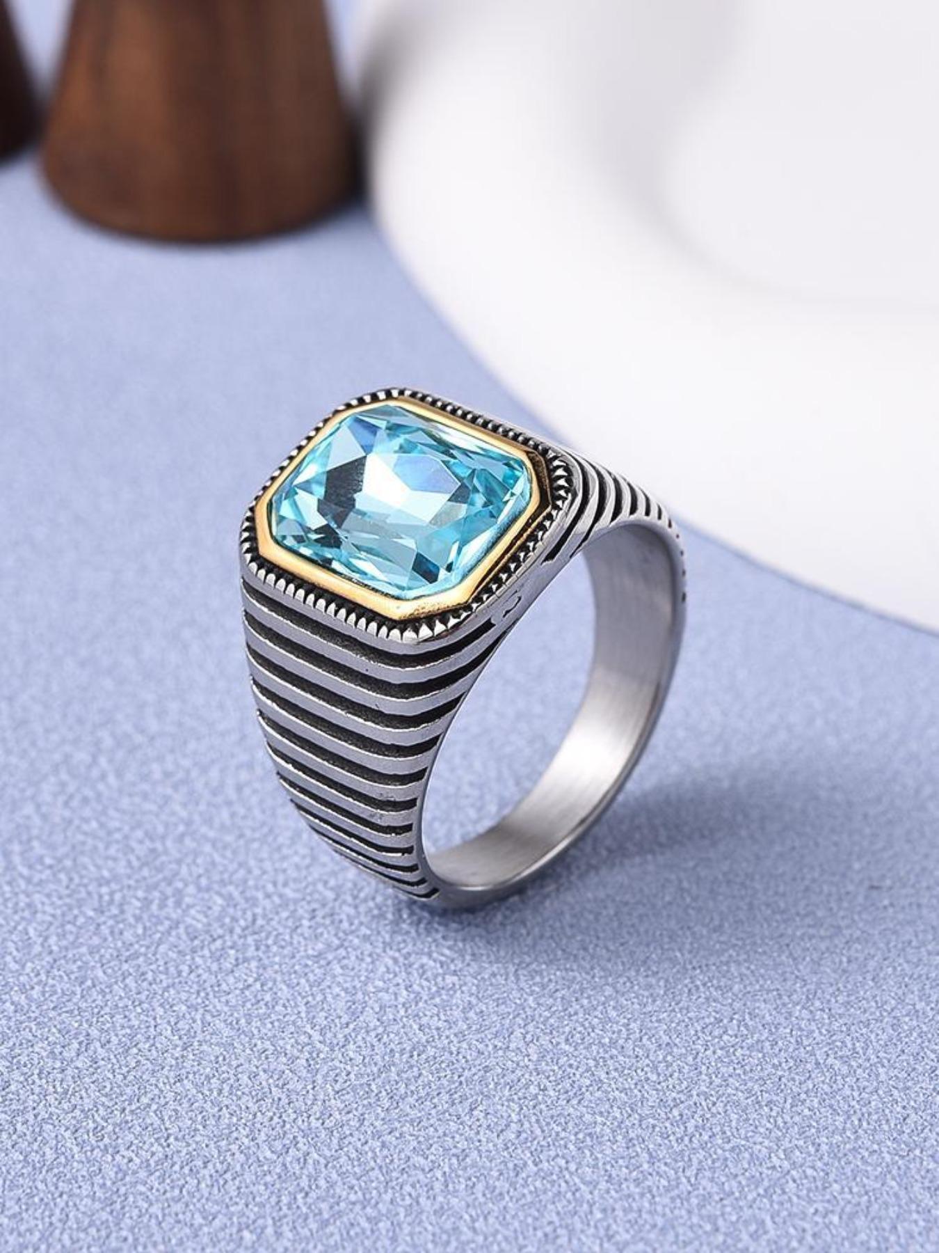 Men's Luxury Gemstone Ring, 18K Gold Plated Stainless Steel, Red Corundum Square Diamond with Strong Design Sense