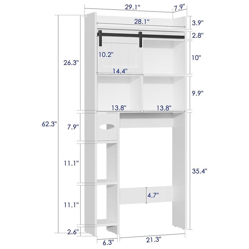 White Over The Toilet Storage Cabinet, Above Toilet Shelf with Sliding Door & Toilet Paper Holder Stand, Behind Toilet Bathroom Organizer with Side Storage Rack for Bathroom, Restroom, White