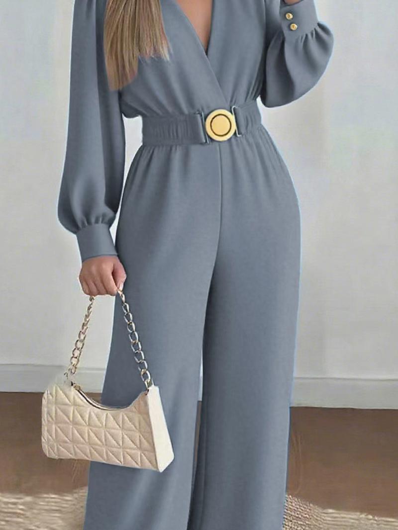 A set of casual women's waist cinched Belted jumpsuit V-neck bubble sleeve wide leg pants, suitable for autumn and winter, suitable for home, indoor, and outdoor wear A set of casual women's waist cinched Belted jumpsuit V-neck bubble sleeve wide leg pants, suitable for autumn and winter, suitable for home, indoor, and outdoor wear