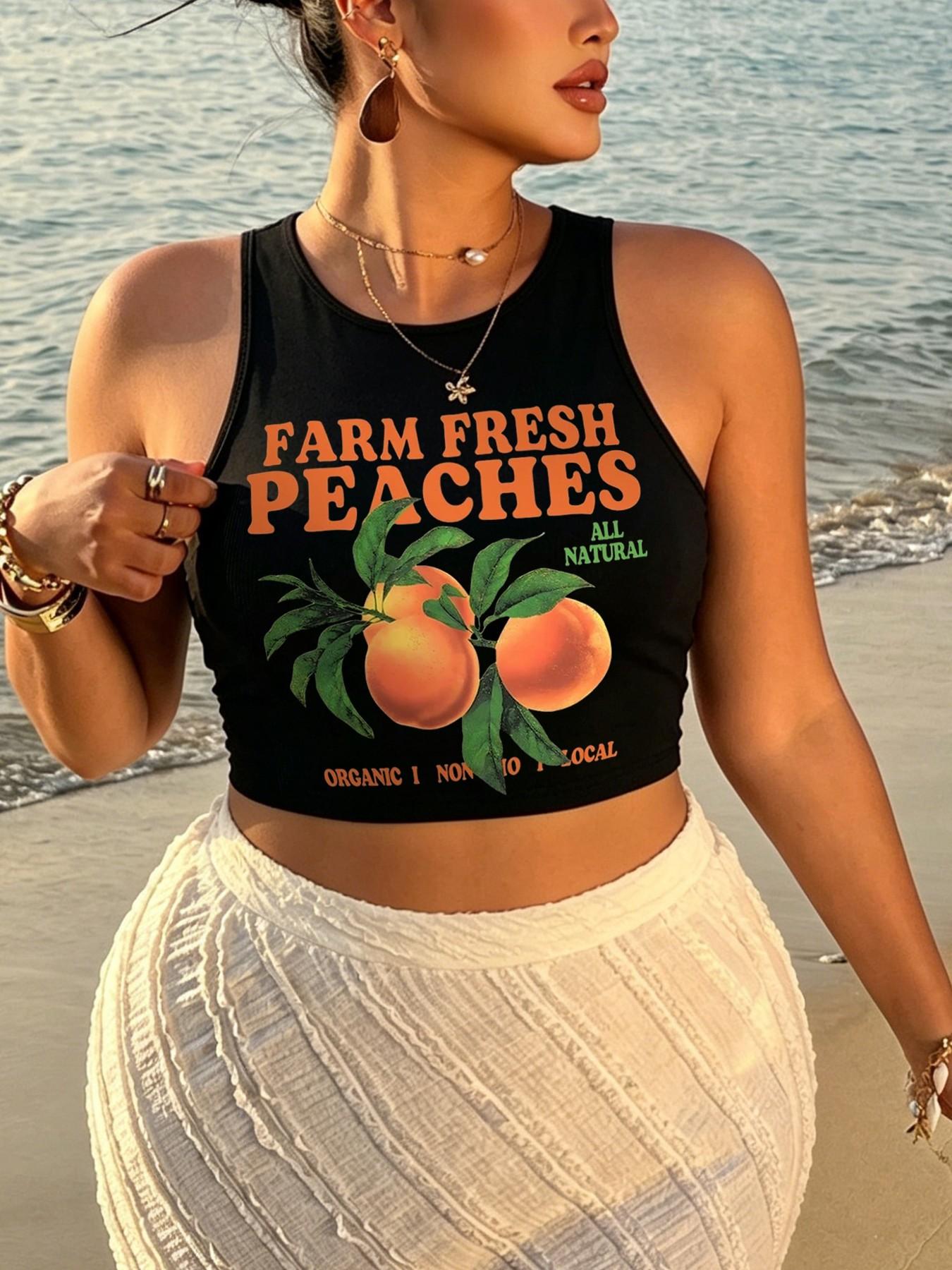 Women's Y2K Peach Print Short Sleeveless Top, Vintage Street Style, Fitted H-Type, Casual All-Season, Perfect for Summer