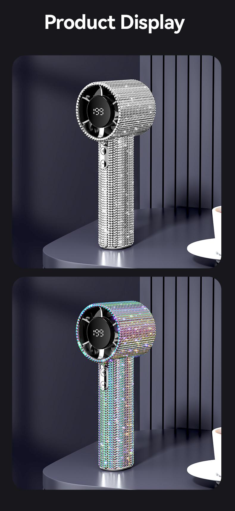 MGALL S5 Full Diamond Luxury Craftsmanship Portable Handheld Turbo Fan, 3 Gear Wind, Rechargeable Long  Battery Life Hand Fan With Digital Display For Outdoor Activities, Travel, Office,Wonmen's gift