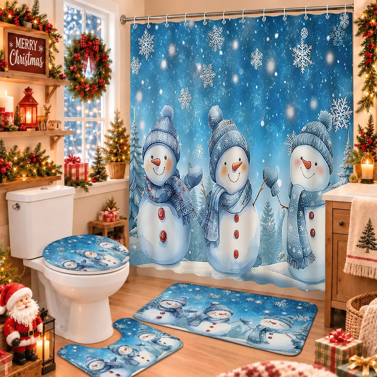 4pcs Blue Snowman Christmas Shower Curtain Set, Waterproof Bath Liner with Non-Slip Mat, Holiday Bathroom Decor, Winter Scene Print