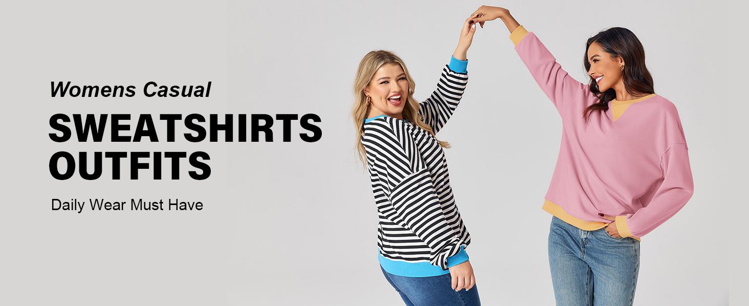 【Up To 3XL】Imily Bela Womens Striped Oversized Sweatshirt Color Block Crew Neck Long Sleeve Shirt Casual Loose Pullover Top Y2K Clothes back to school