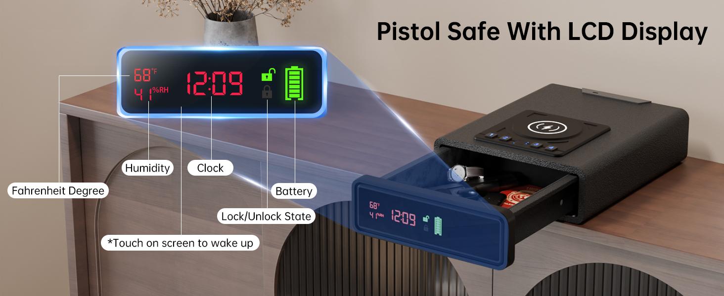 Biometric Personal Safe Container with Wireless Charging for Phone&Watch, 3 Quick Access Money Box with Fingerprint Backlit Keypad - Compact Bedside Drawer Safe, 24/7 Digital Clock Biometric Personal Safe Container with Wireless Charging for Phone&Watch, 3 Quick Access Money Box with Fingerprint Backlit Keypad - Compact Bedside Drawer Safe, 24/7 Digital Clock