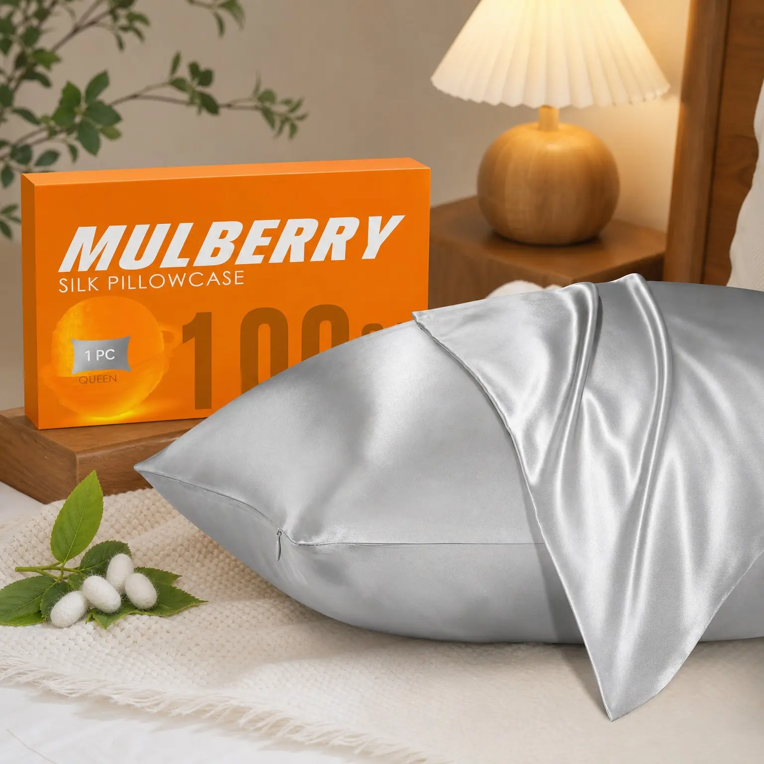 100% Mulberry Silk Pillowcase for Hair and Skin, 22 Momme Pure Natural Silk, Both Sided with Zipper, Silver Grey, Standard 20''×26'', 1 PackGift