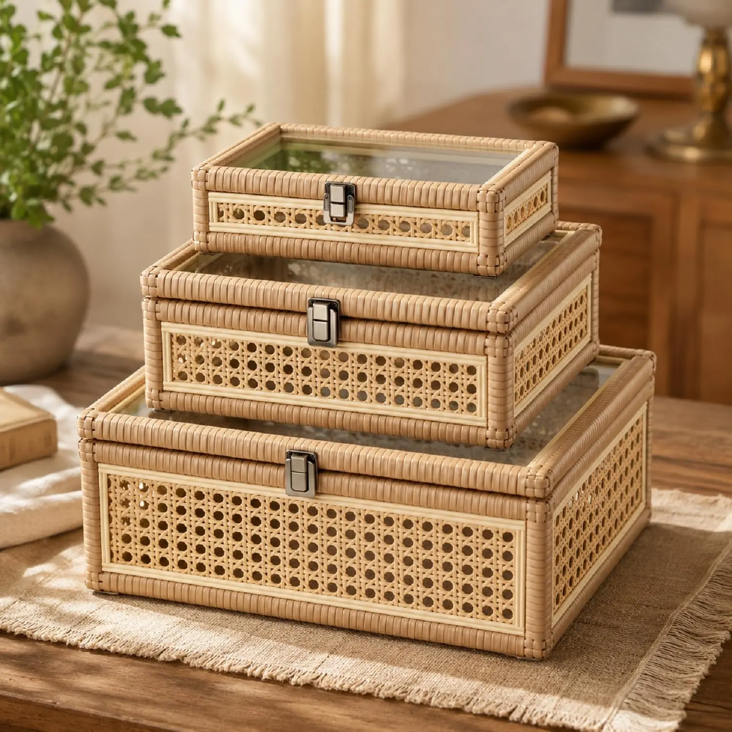 3 count Large Rattan Display Box with Glass Lid Set, Handwoven Boho Rectangular Storage Box, Memory Wicker  Boxes,  Decorative Bin, Multipurpose Shelf Baskets for  Organization