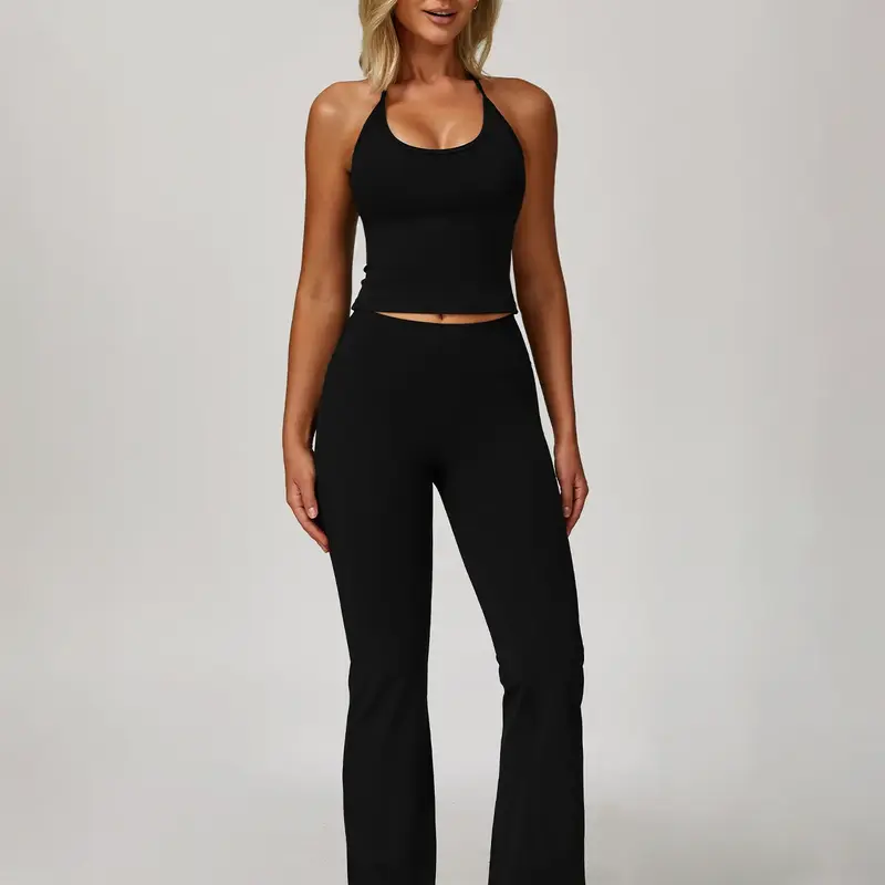 Women's Solid Backless Halter Top & Pants Sports Set, Casual Sporty Two-piece Outfits for Yoga Gym Workout Running, Ladies Sportswear for All Seasons, Athletic Sportswear, Fitness Sportswear Set, Gym Workout Clothes, Fitness Clothing