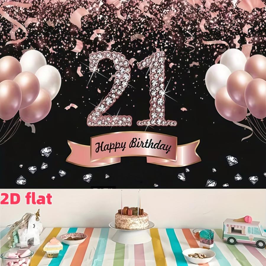 Pink gold diamond 21st birthday party background fabric, happy birthday polyester banner, suitable for living rooms, bedrooms, offices, birthdays, anniversaries, home decoration, outdoor and indoor parties, photography background fabric