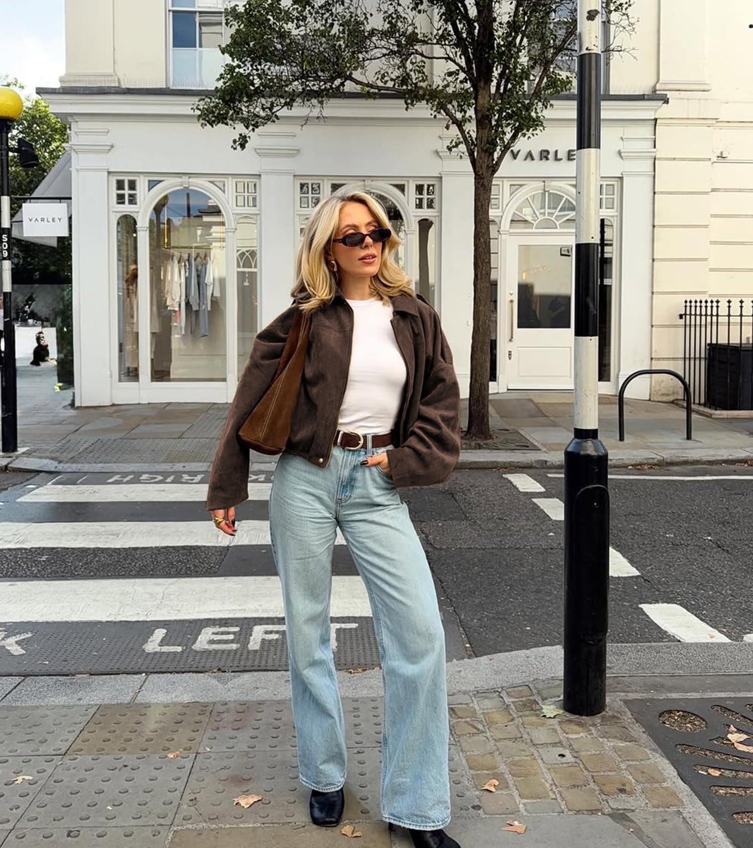 Buenoble Women's Faux Suede Bomber Jackets Cropped Fall Winter Lapel Motorcycle Coats Streetwear Outerwear with Pockets Tops Womenswear Basic Brown Casual Long Sleeve