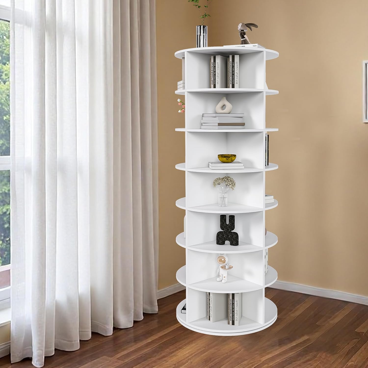 7-Tier Rotating Shoe Rack Tower, Holds 28 Pairs of Shoes - 360° Spinning Floor Storage Organizer, Free Standing for Closet/Bedroom/Entryway, Space Saving, White Box Leather