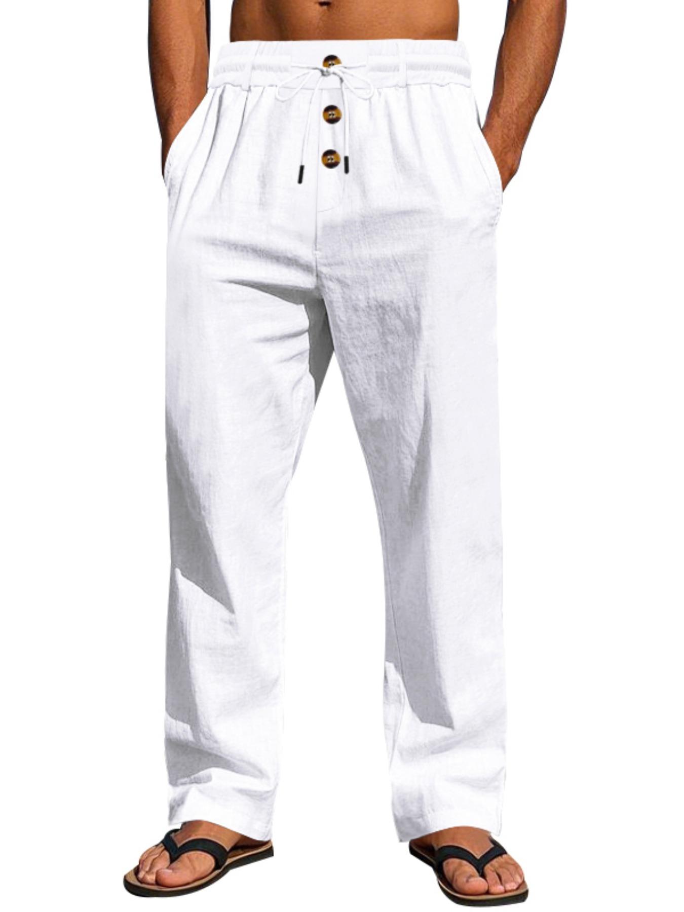 Men's lightweight casual sportswear pants, featuring drawstring and multi-button design, stylish linen woven straight-leg trousers