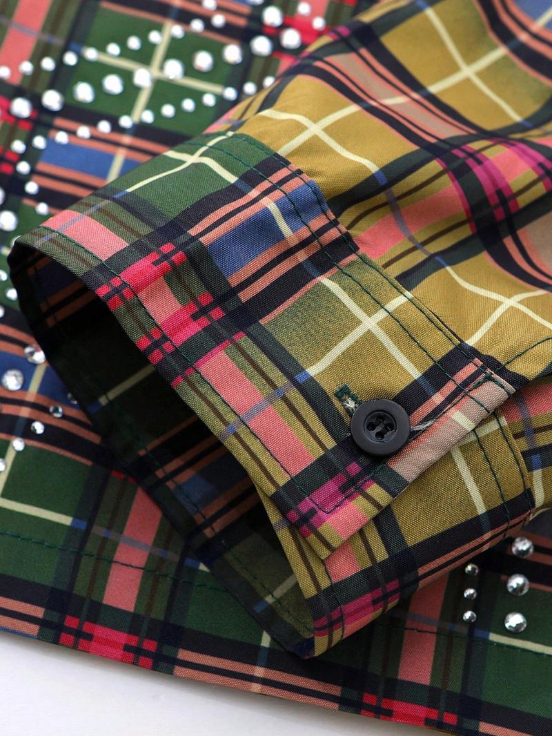 Men's Vintage Plaid Shirt with Rhinestones, Street Style Fashion, Casual Long Sleeve, Soft Comfortable Fabric, Casual Stylish Menswear