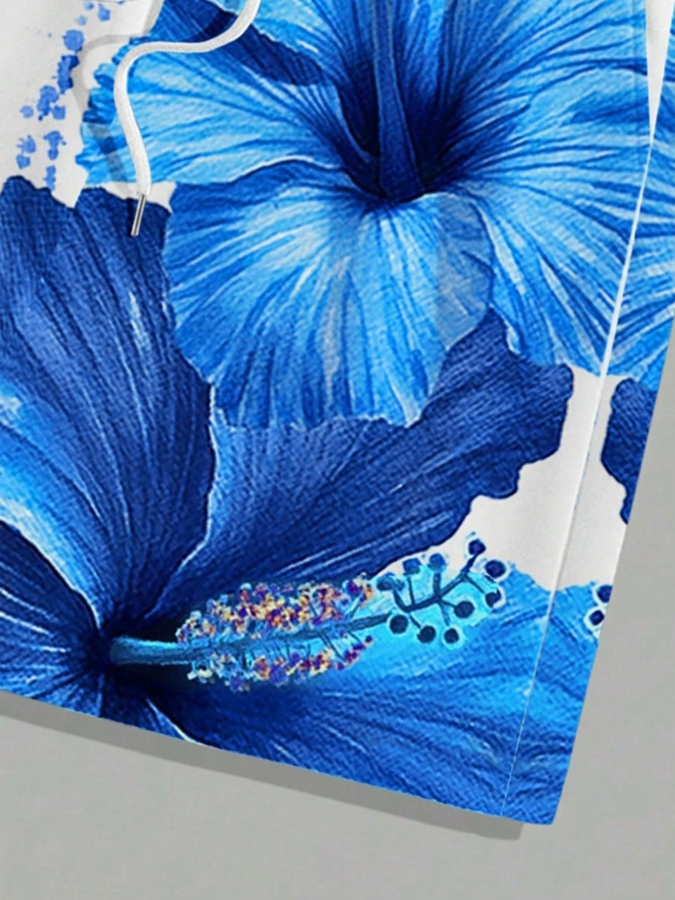 Summer Men's Outdoor Round Neck Short Sleeve T-Shirt and Shorts Set, Floral All over Print, Casual Fitted Style, 2-Piece