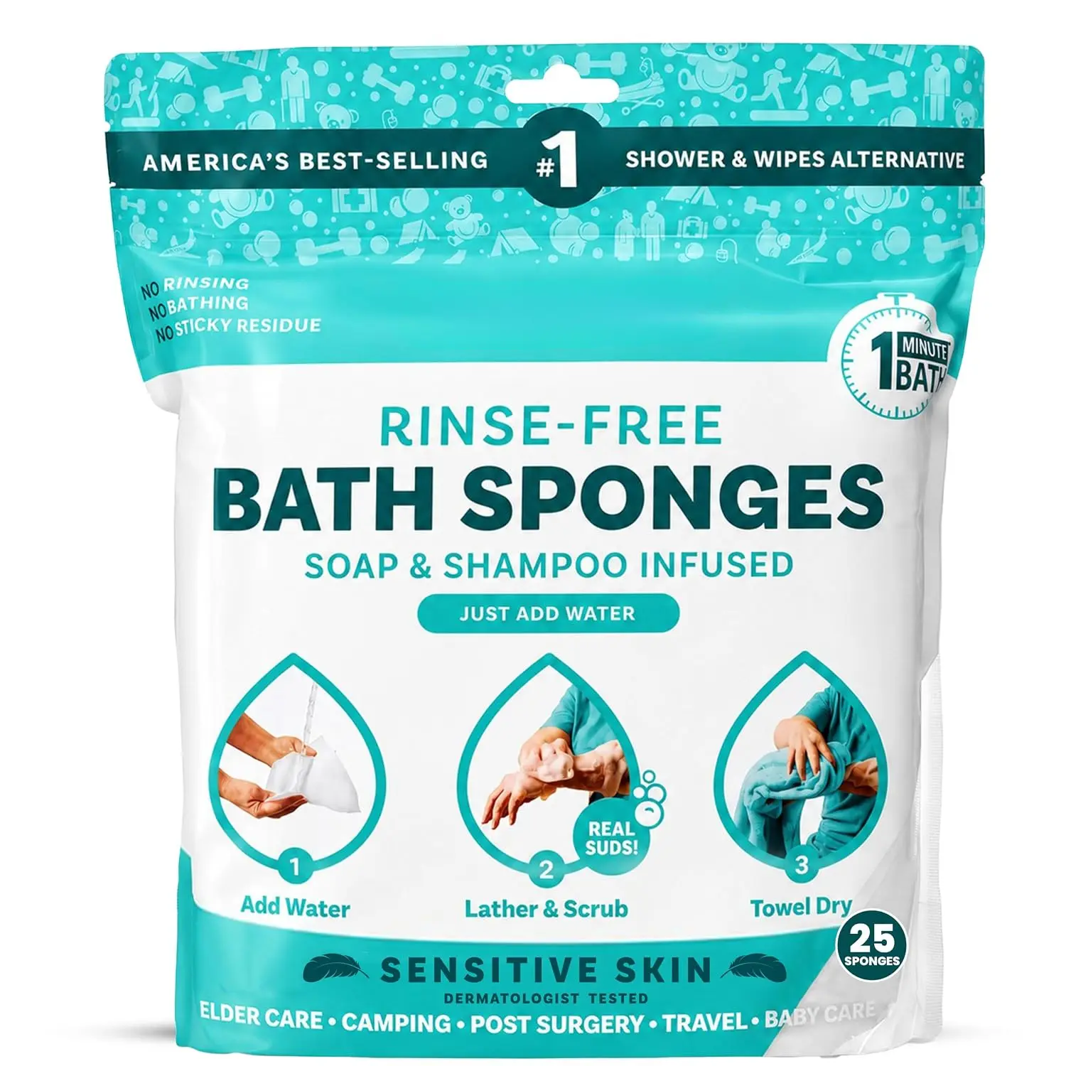 Rinse-Free Bath Sponges 25 Pack for Sensitive Skin, Soap & Shampoo Infused Disposable Single Use Shower Sponge, Just Add Water, No Rinsing for Elderly, Post Surgery & Travel