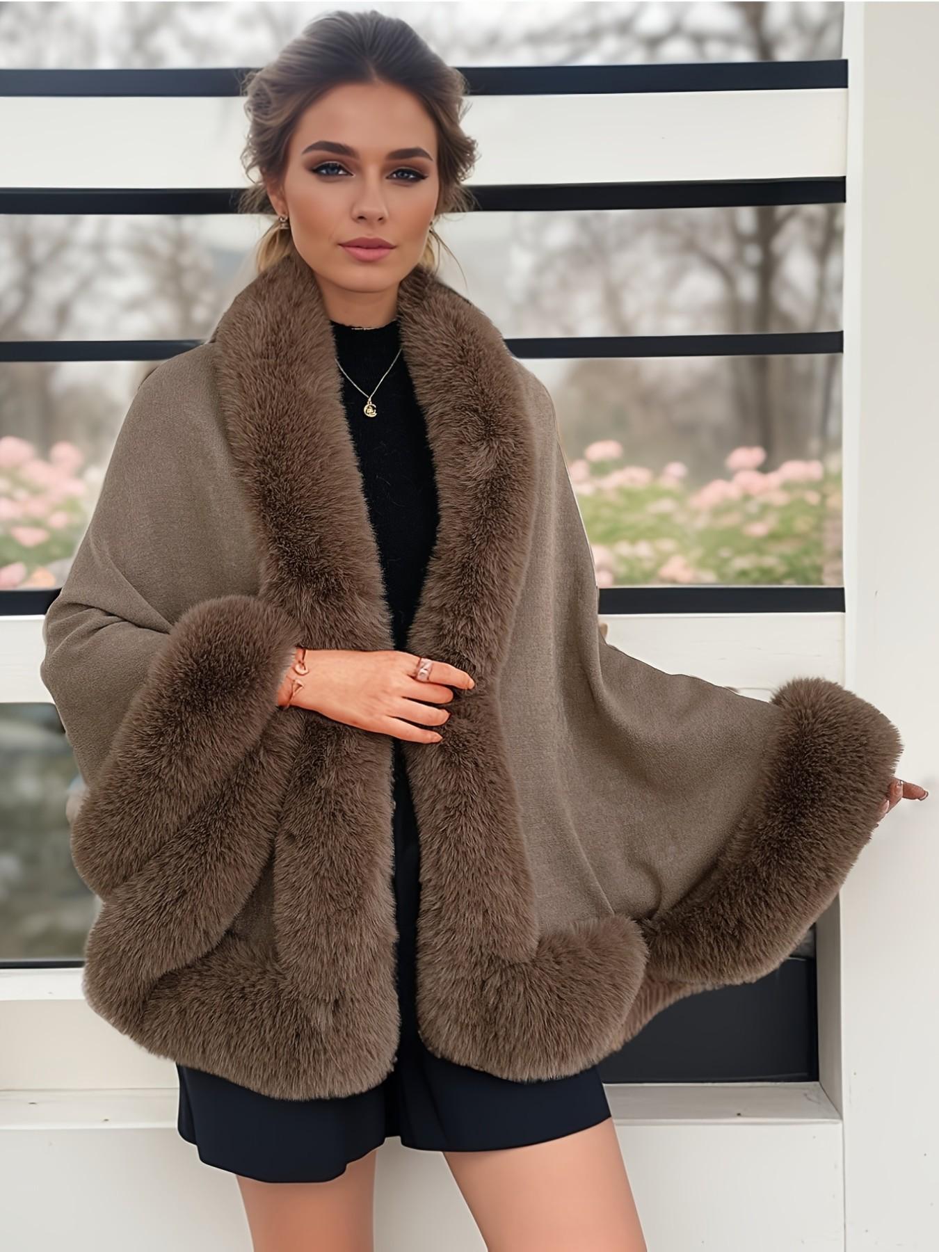 Women's Faux Fur Trim Shawl Cape, Comfortable Acrylic Knit Winter Outerwear, Perfect for Parties Weddings Evening Dresses, Elegant Gift