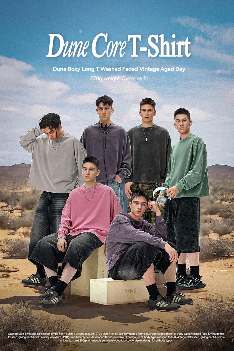 Inflation 100% Cotton 270g Cropped Boxy Fit Washed Oversize Streetwear Long Sleeve T-Shirt Autumn New American Vintage Washed Cotton Tee Short Menswear Top Tshirt Round Neck Crewneck Casual Bestie Operator Beige Plain