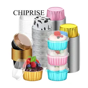 98 Pieces 5oz Mini Aluminum Foil Baking Cups with Lids Multi-color Disposable Muffin Liners Desert Cheesecake Pans Pie Tins Containers for Party Birthday Gift