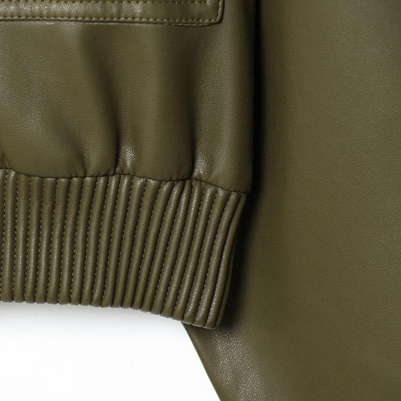 Women's Olive Green Faux Leather Bomber Moto Jacket with Stand Collar and Flap Pockets, Short Layered Streetwear Outerwear