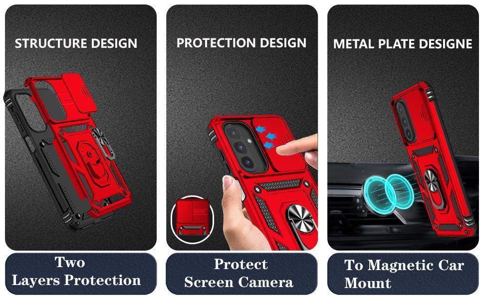 SunStory Compatible with Samsung Galaxy A17 5G Case with HD Screen Protector & Slide Camera Cover & Rotated Ring Kickstand,[Shockproof] Dual Layers Phone Case for Galaxy A17,Red